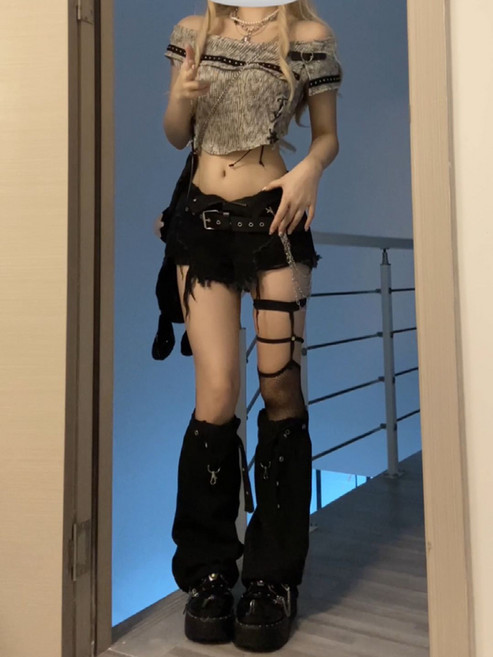 태슬 반바지 장식 팬츠 공연 무대 용 년대 다크 데님 아카데미아 하라주쿠 핫팬츠 라이즈 고스 2000 찢어진 로우 그런지 진 Y2k 가루