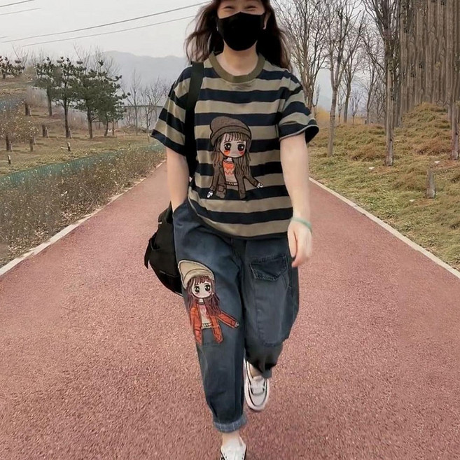 지고다그 여성 중년 여름 청바지 세트 캐릭터 반팔 티셔츠 통통 체형 커버 빅사이즈 투피스 SX70115