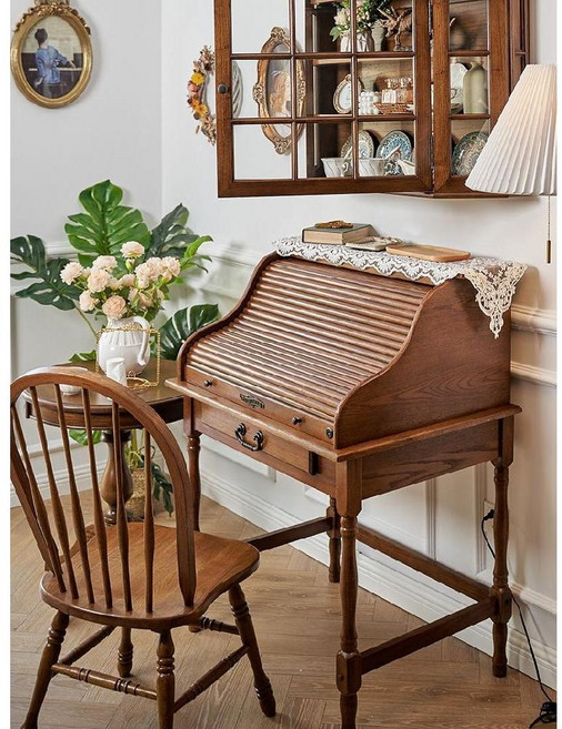 엔틱 슬라이딩 도어 화장대 미니 고풍적인 원목 수납, 월넛