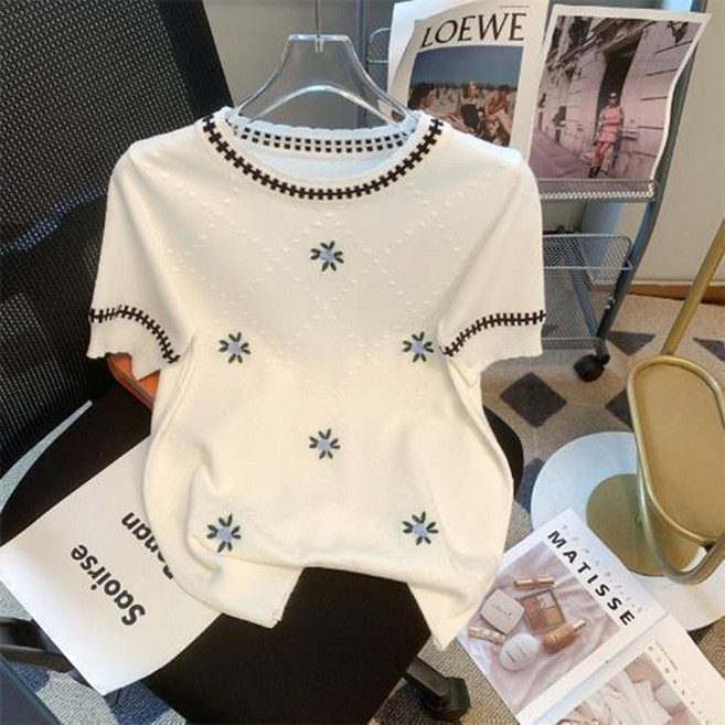 75KG까지 루즈핏 배색라인 꽃자수 패션 크롭 니트 반팔티 트위드 예쁜 시원한 여름티