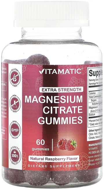 Vitamatic 마그네슘시트레이트 엑스트라 스트렝스 천연 라즈베리 맛 구미젤리 60개, Vitamatic마그네슘시트레이트엑스트라스트렝스천연라즈, 1개, 60정 - 쿠팡