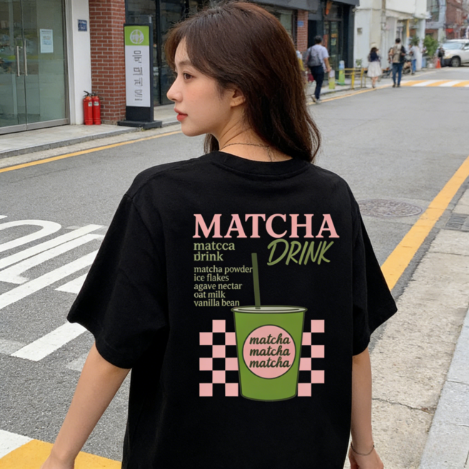MATCHA 말차 음료 프린트 반팔 티셔츠 일본식 인스타그램 청량 힐링 스타일 루즈핏 데일리룩 여름 캐주얼 패션 편안하고 통기성 좋은 유니섹스 톱