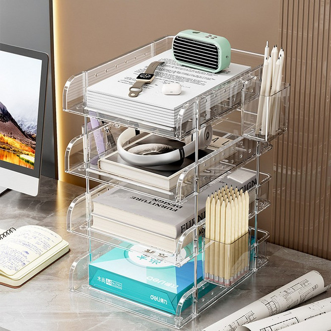 SMILE MORLI 데스크 A4 서류 정리 책상 수납함 세로형 다용도 탁상용 수납 트레이, 투명4단