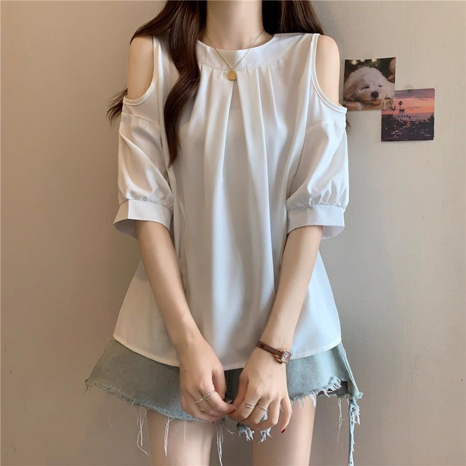 VVRR 여성 오픈숄더 라운드넥 5부소매 셔츠 루즈핏 심플한 디자인 캐주얼 데일리 편안한 착용감 A0072801