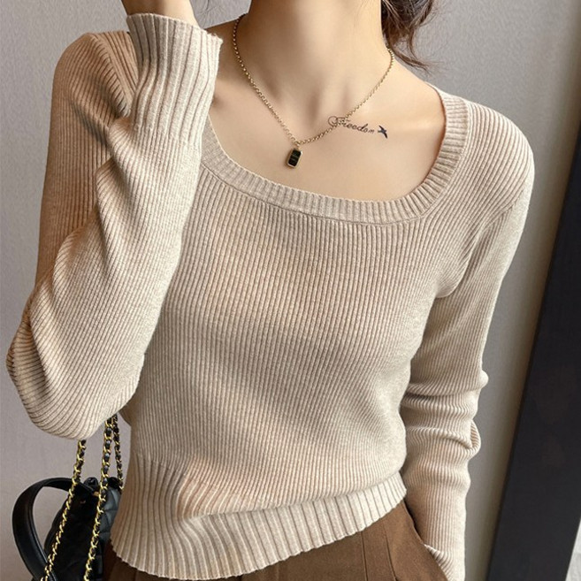 엘바리스 여성 데일리 스퀘어넥 골지 니트 슬림 긴팔 이너티