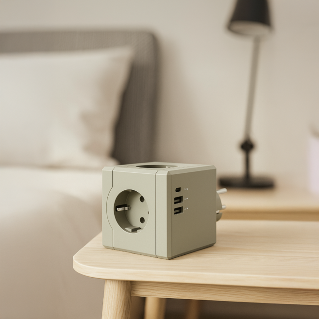 에코너 큐브멀티탭 예쁜 디자인 플러그형 고용량 4000W 캠핑 여행용 멀티 콘센트 6구(3구 플러그+Cto C타입1+USB A형 2), 1개, 그레이, 11.6cm