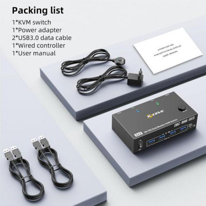 4K144Hz KVM 스위치 모니터 2개 컴퓨터 2개 키보드 마우스 프린터용 USB 3.0 포트 4개가 있는 8K60Hz HDMI 호환 DP 듀얼 모니터, US Plug, Black, 1개