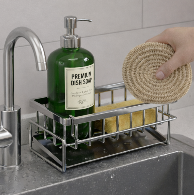 링고룸 물빠짐 올스텐 싱크대 거치대 행주걸이 수세미 올인원 미끄럼방지 건조대, 1개, 스텐실버, 1단