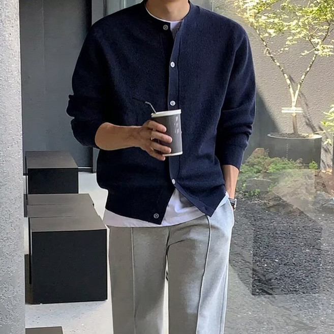 남성 베이직 데일리 라운드넥 긴팔 니트 가디건