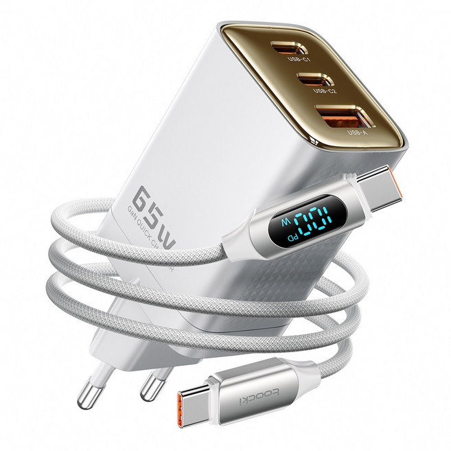 Toocki GaN PPS PD 65W 2C1A 3포트 초고속 멀티충전기, 1개, 화이트+케이블