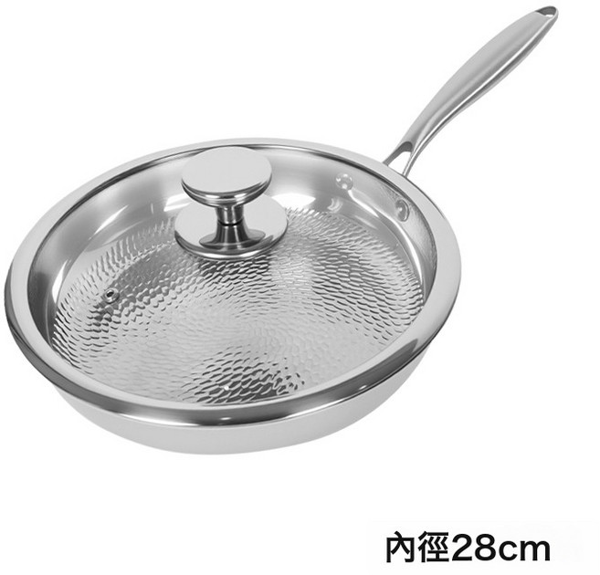 DFMEI 無塗層淺平底鍋牛排家用煎鍋錘紋蜂巢紋三層304不鏽鋼不粘炒鍋, 1個, 內徑28CM【有蓋】, 如圖