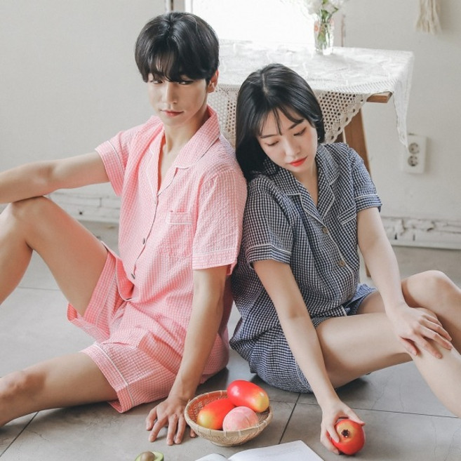 글램공감 지지미 스몰체크 반팔투피스 시어서커 커플파자마 여름잠옷 상하세트