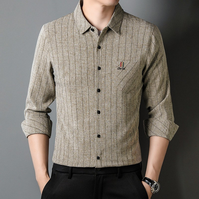 長袖襯衫男春秋款式棉麻時尚翻領中年高端爸爸裝襯衣薄款條紋開衫