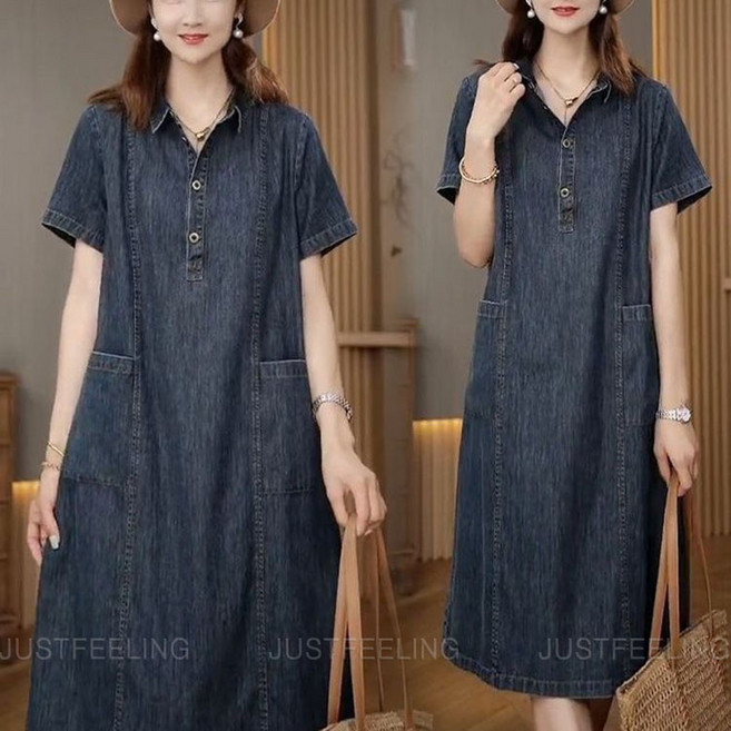 JUSTFEELING M-3XL 실크데님원피스 얇은 여름 반팔 데님원피스 카라넥 포켓 캐주얼 엄마원피스 4050대 청 원피스