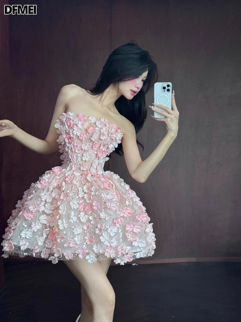 DFMEI 抹胸連衣裙重工立體花朵名媛成人禮禮服高端輕奢小衆生日裙子