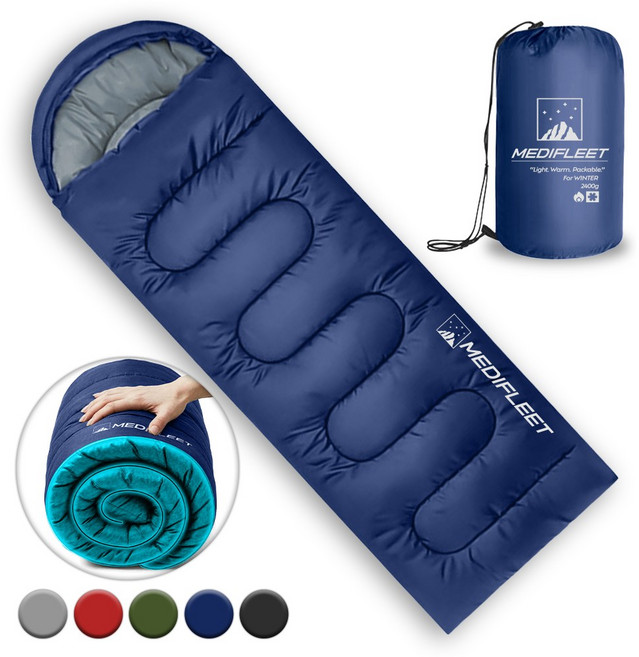 메디플릿 겨울용 머미형 야외 캠핑 침낭 + 수납가방, 1개, 네이비 블루 (2400g)