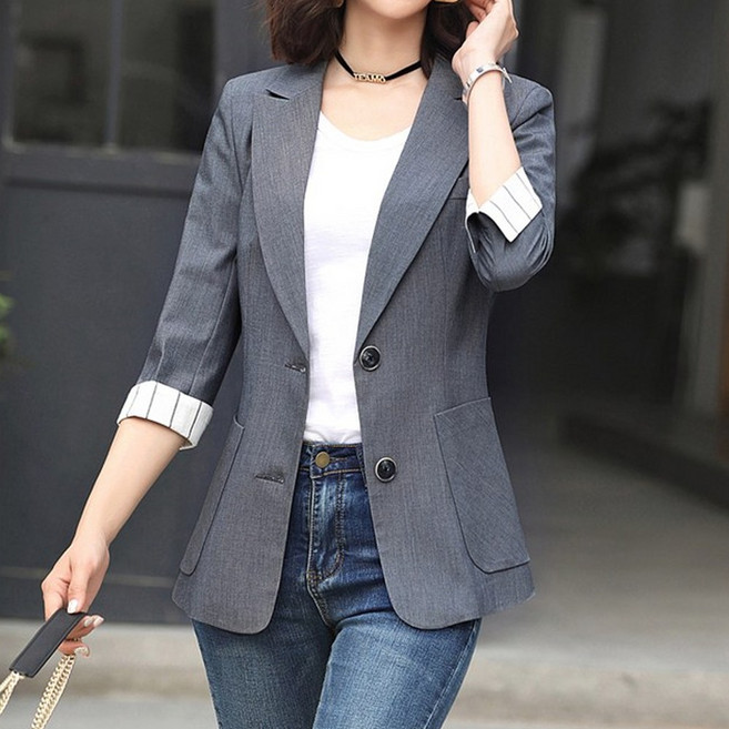 믹스블링 7부 여성 자켓 긴팔 캐주얼 정장 스트라이프 소매 심플