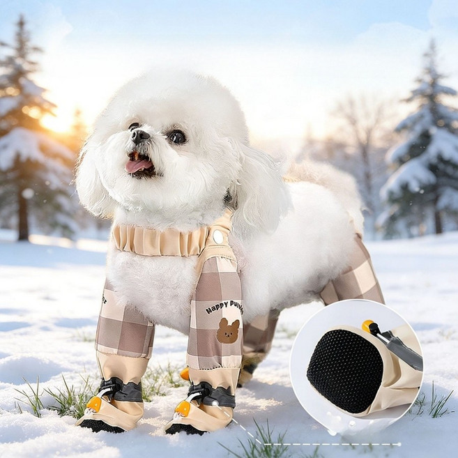 강아지일체형신발 강아지장화 레인부츠 반려견 사계절 산책, 1개, 로미브라운 스트라이프