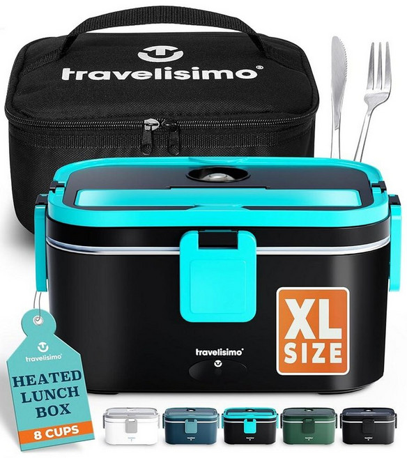 Travelisimo TRAVELISIMO 성인용 엑스트라 라지 전기 런치 박스 최대 8컵 보관 - 남성용 100W 온열 박스 1.8L 여행 및 작업을 위한 휴대용 푸드 워, 네온 블루
