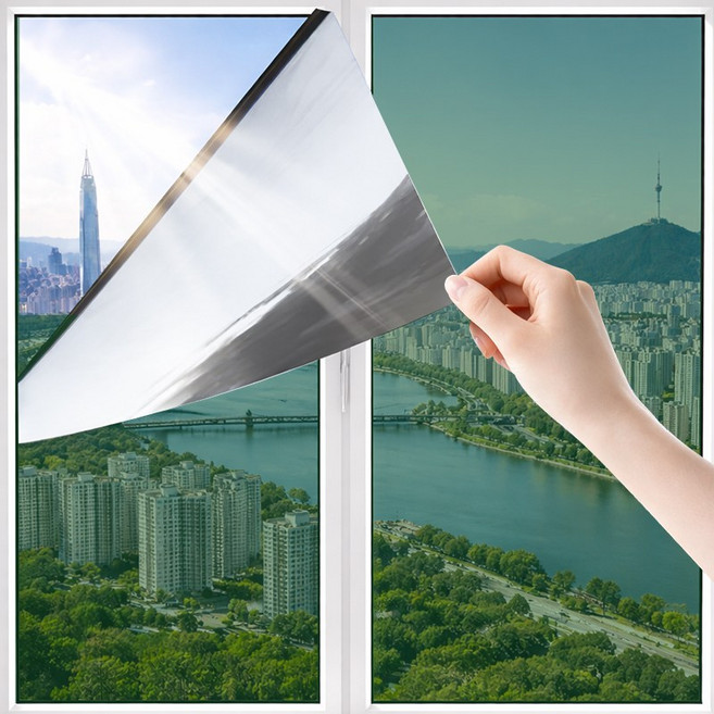 ROYAI ONE 무점착 암막 단열필름 창문 시트지 창문 사생활 보호필름 유리창 썬팅지, 그린 실버