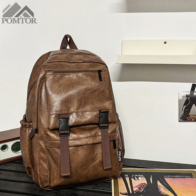 POMTOR 남녀공용 데일리 캐주얼 여행용 대용량 가죽 크로스백팩 노트북 백팩