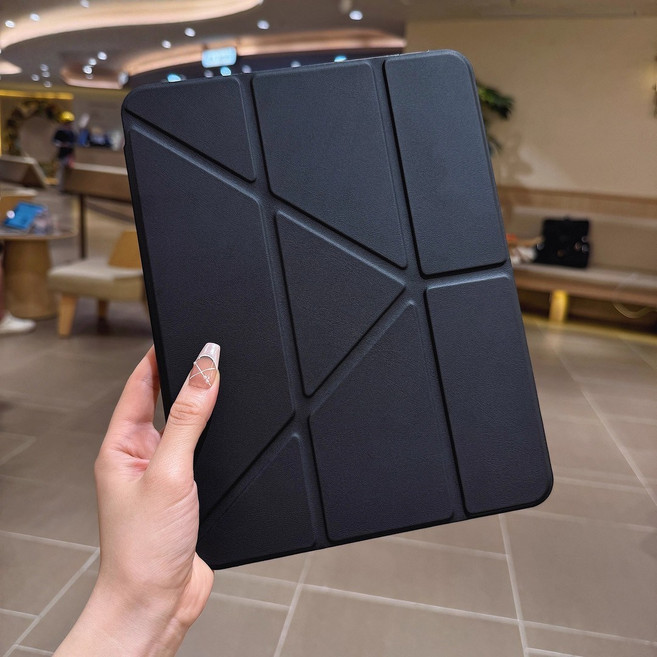 iPad 平板保護殼 適用於 iPad 12/11/10 代 11吋 Air 8/7/6/5/4 M4/M3 晶片機型 黑色 支援充電筆槽 Y折支架, 黑色帶筆槽Y折平板殼, 1個