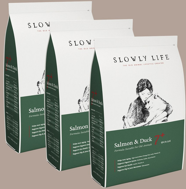 슬로울리라이프 노령견 노견 전용 사료 시니어 항산화보충 부드러운 소프트사료, 3개, 1.6kg, 연어+오리