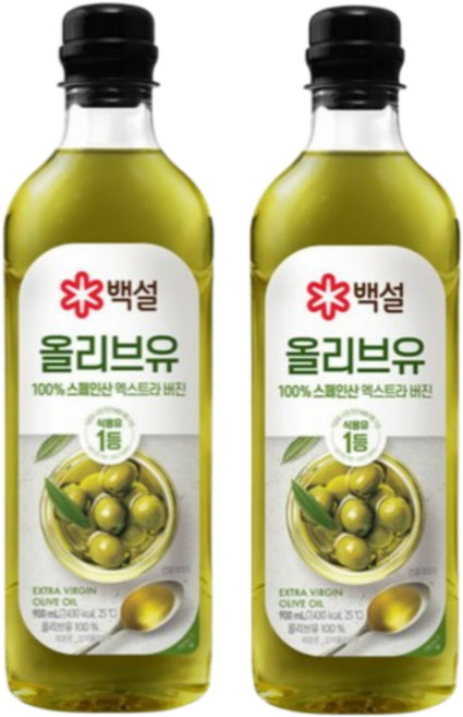 백설 엑스트라버진 압착 올리브유, 900ml, 2개