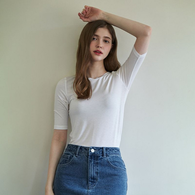 플라스틱아일랜드 여성용 기본 슬림 5부 티셔츠 PQ7CH331