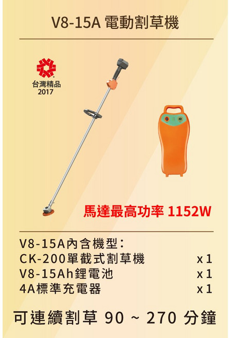 東林Comlink 電動割草機 1152W, 1個, V8-15A單功能 高動力割草機