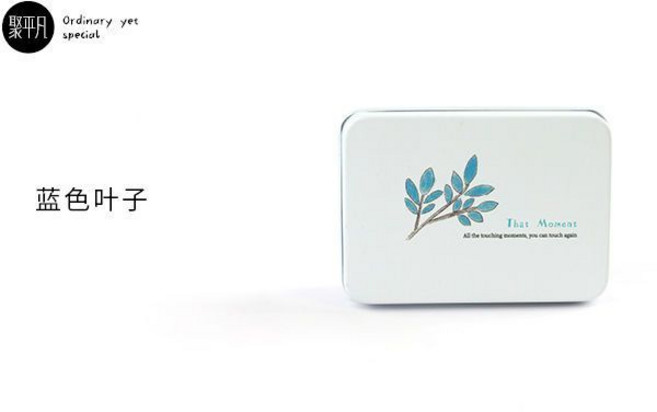 聚平凡小號馬口鐵盒原創小清新小鐵盒半島鐵盒小卡盒禮品盒體翻蓋 收納盒 盒首飾禮品糖盒便攜 馬口鐵翻蓋鐵盒 便攜糖果收納, 1個, 藍色葉子