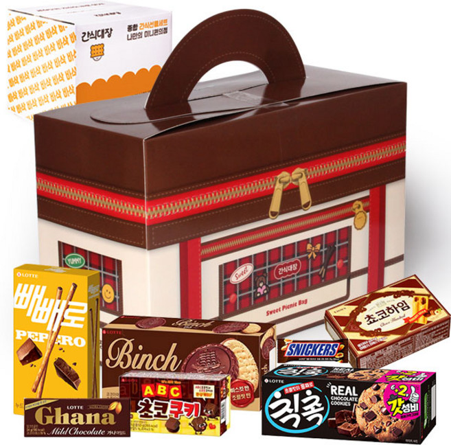 달콤한 피크닉 간식 상자 뻬빼로 초코필드 초코하임 빈츠 칙촉 ABC 초코쿠키 가나마일드 엠엔엠즈, 1개, 피크닉 상자 7종