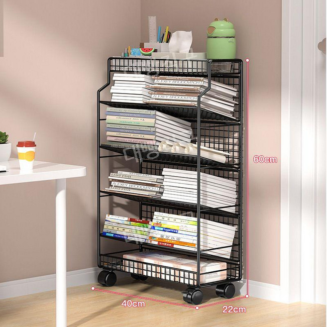 북트롤리 북트레이 책꽂이 선반 사무용 이동식 책장, 블랙 6단 400x220x600