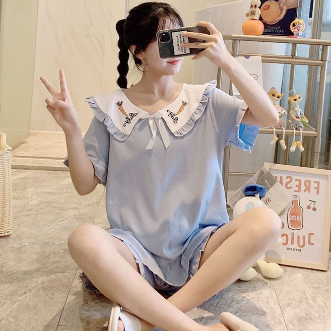 睡衣女純棉短袖薄款可愛鳳梨公主風兩件套裝大尺碼綿綢家居服睡衣女純棉短袖薄款可愛鳳梨公主風兩件套裝大尺碼綿綢家居服