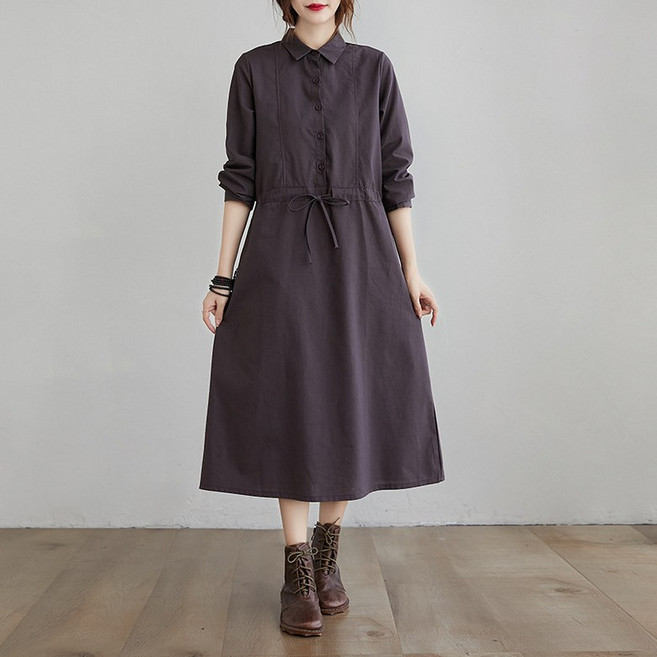 ANYOU원피스 긴팔 루즈핏 면 마 셔츠 롱스커트