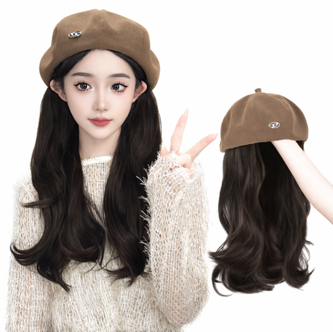 상덕 모자 가발 전체가발 요즘유행 모자 전체가발, 1개, 브라운 베레모