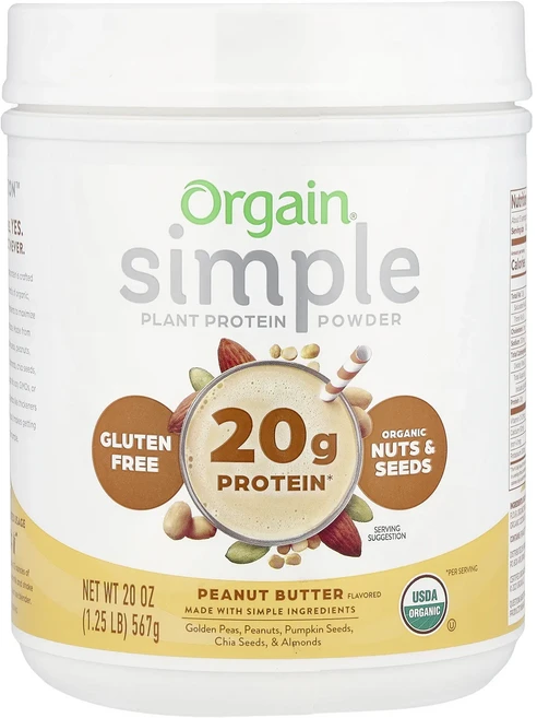 새해 건강을 선물하세요 Orgain 심플 식물성 단백질 파우더 땅콩 버터 567g(20oz) 특별관리진행, 1개, 567g - 쿠팡