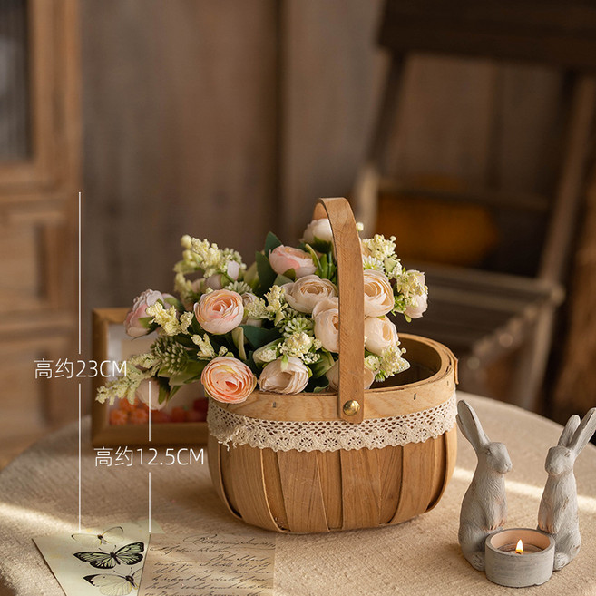 手工草編花籃 田園風客廳裝飾擺件插花籃, 1件, 2束米蘭球茶苞香檳和23CM裙邊米色手提花籃:1