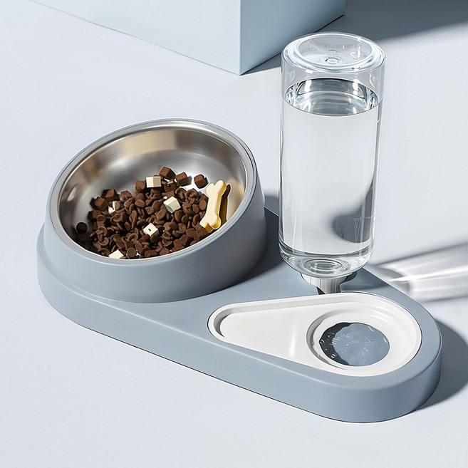 Zaxnouvi 강아지 고양이 식기 2구 스텐 밥그릇 세트 (밥그릇+자동 급수병+사레 방지 물그릇), 1세트, 네이비