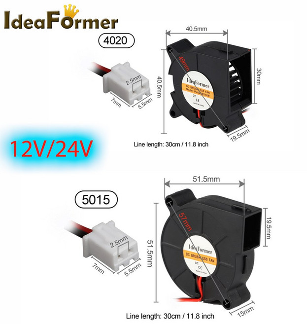 1 PCS 4020/5015 3D 냉각 12V 프린터 30CM 브러시리스 24V J 및 쿨러 용 2PIN 팬 와이어 송풍기 와이어가있는, 01 4020 12V 30cm