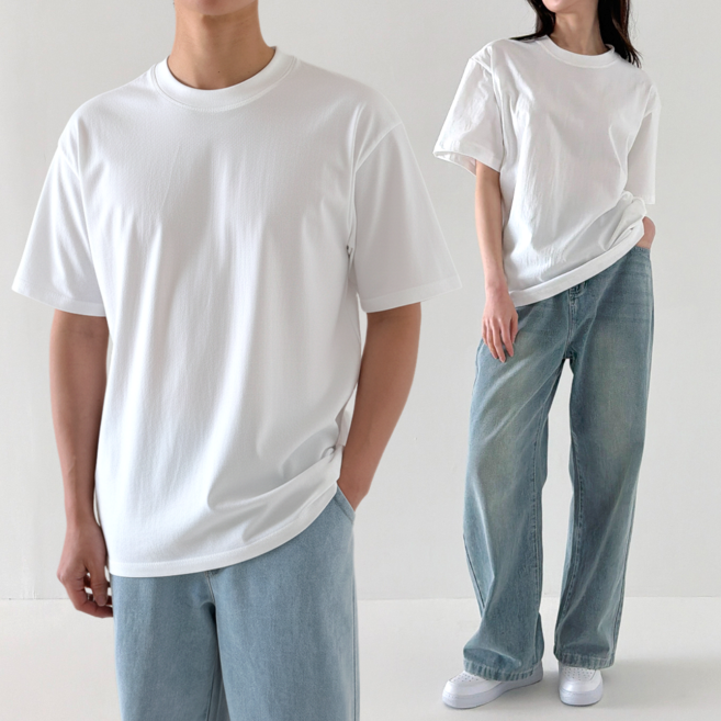 제시본 남녀공용 고급 특양면 오버핏 반팔 티셔츠 비침없는 순면100% 무지 라운드 반팔티 빅사이즈