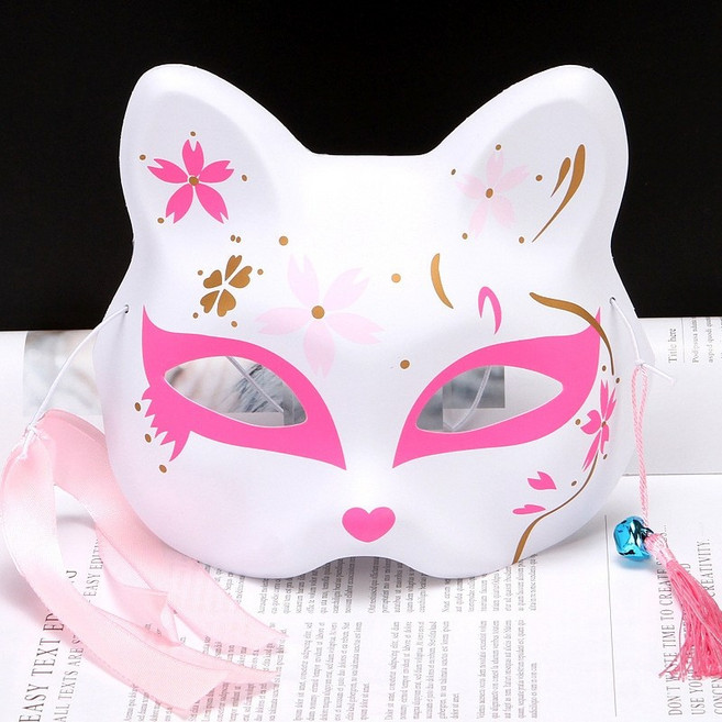 루베코 일본여우가면 일본 여우가면 가면 망사 고양이 키츠네 할로윈, 핑크-꽃잎