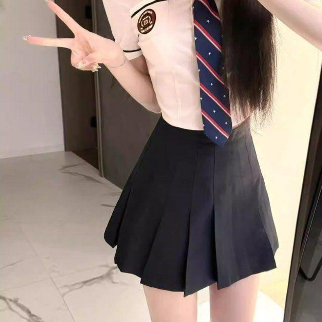 校服粉色收腰襯衫夏季學院風百褶裙套裝