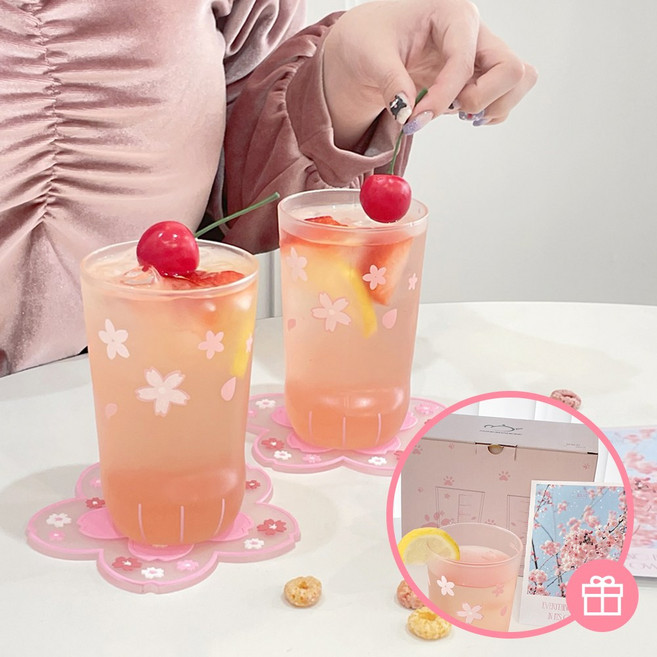 헤이루미 벚꽃 고양이 냥발 유리컵 2인 커플 세트(컵2p+코스터2p+엽서), 1세트