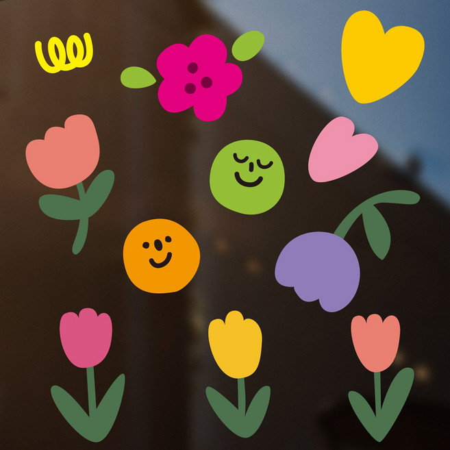귀여운 플라워 아이콘 창문 시트지 방수 스티커 (거울 현관문 욕실 타일 벽 부착가능), 알록달록플라워