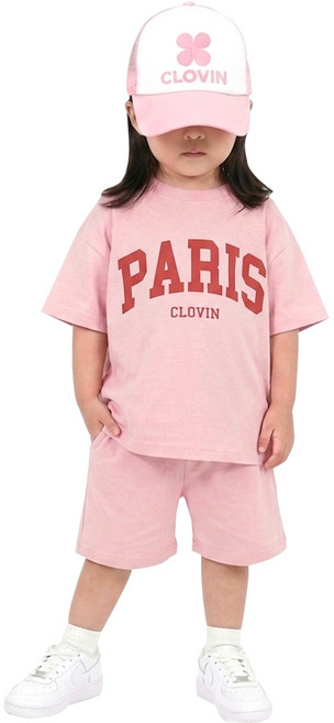 [5호 7호 9호 11호] 클로빈 키즈 오버핏 파리스 레터링 상하복 세트 남아 여아 등원룩 여름 반팔 반바지 등원복