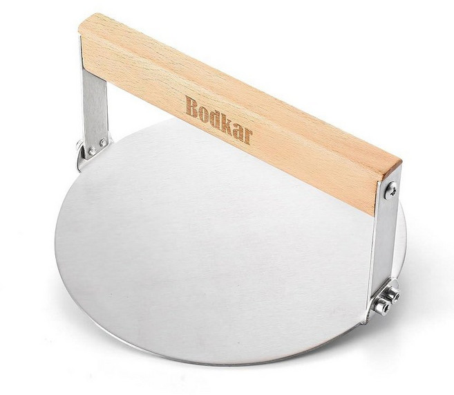 Bodkar Smash Burger Press 15.2cm(6인치) 원형 스테인리스 스틸 버거 스매셔 나무 손잡이 베이컨 햄버거 그릴 미트 프레스