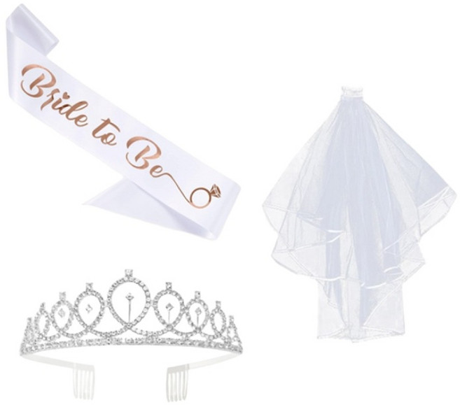 셀프 웨딩 브라이덜샤워 파티 헤어 악세사리 소품 면사포 티아라 어깨띠 3종세트, 면사포+티아라+어깨띠 3종