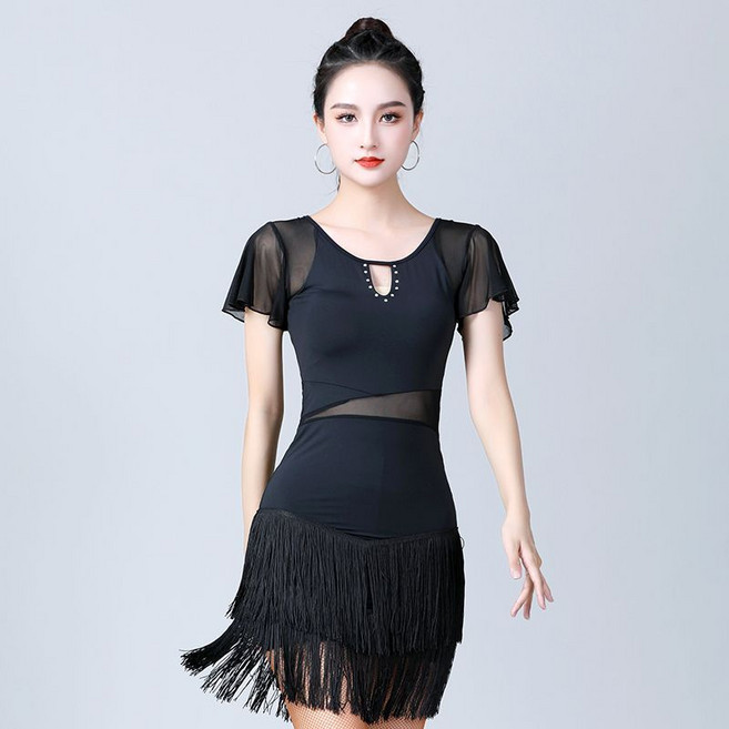 여성 라틴댄스복원피스 라틴댄스 트레이닝복 수술 반팔 원피스 섹시 펀칭 원피스 패션 경기복 여름 미니스커트