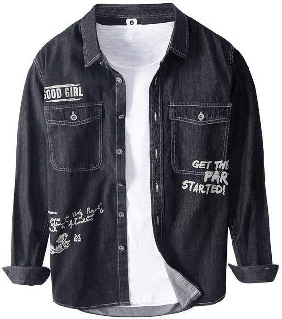 에쥬아 남성 데님 셔츠 버튼다운 레터링 긴팔 자켓 간절기 긴팔상의